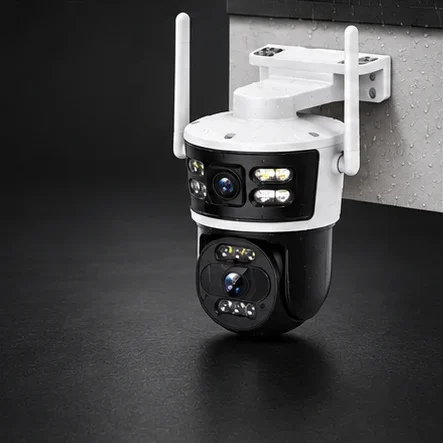 Cameră de supraveghere WiFi/LAN cu două lentile, 5 MP, 360°, zoom optic 10×, IP66