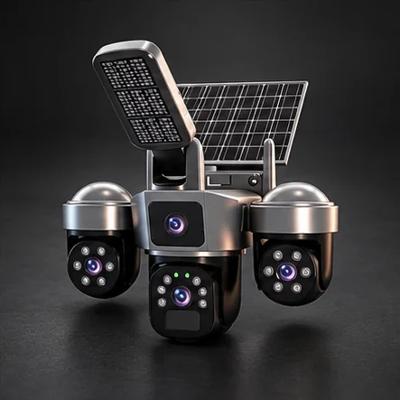 Cameră de supraveghere 4G cu lampă LED, 9 MP, 3 lentile, PTZ 360°, panou solar, IP67