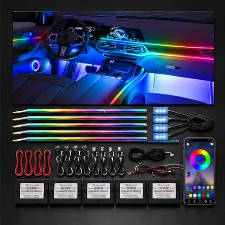 Kit lumini ambientale auto RGB, 6 benzi LED, control prin aplicație și sincronizare cu muzica