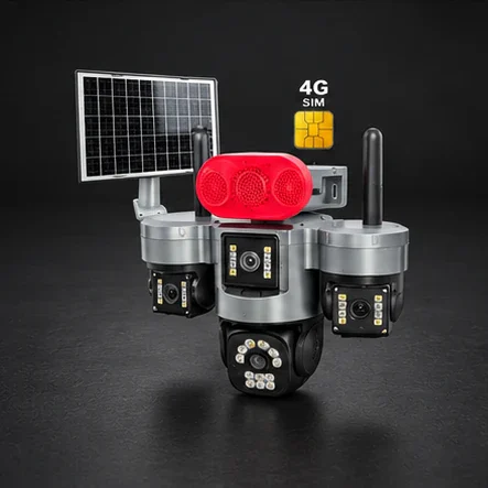 Cameră de supraveghere 4G solară, 9 MP, 3 camere, cartelă SIM, sirenă