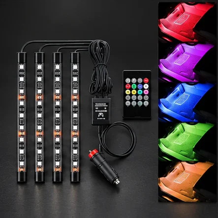 Kit lumini ambientale auto RGB pentru scaune, 4 benzi LED și telecomandă