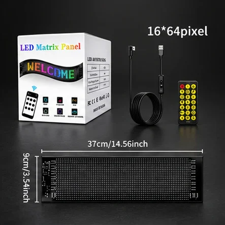 Afișaj LED flexibil RGB, 37 × 9 cm, control prin aplicație, IP66